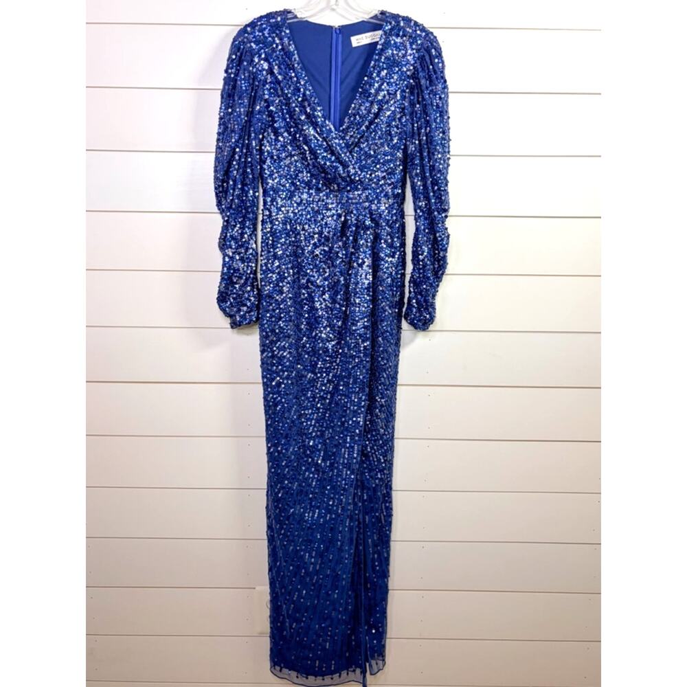Mac Duggal 6133 Twilight Blue Sequin Faux Wrap Maxi Dress NEW Size 2 MSRP $598